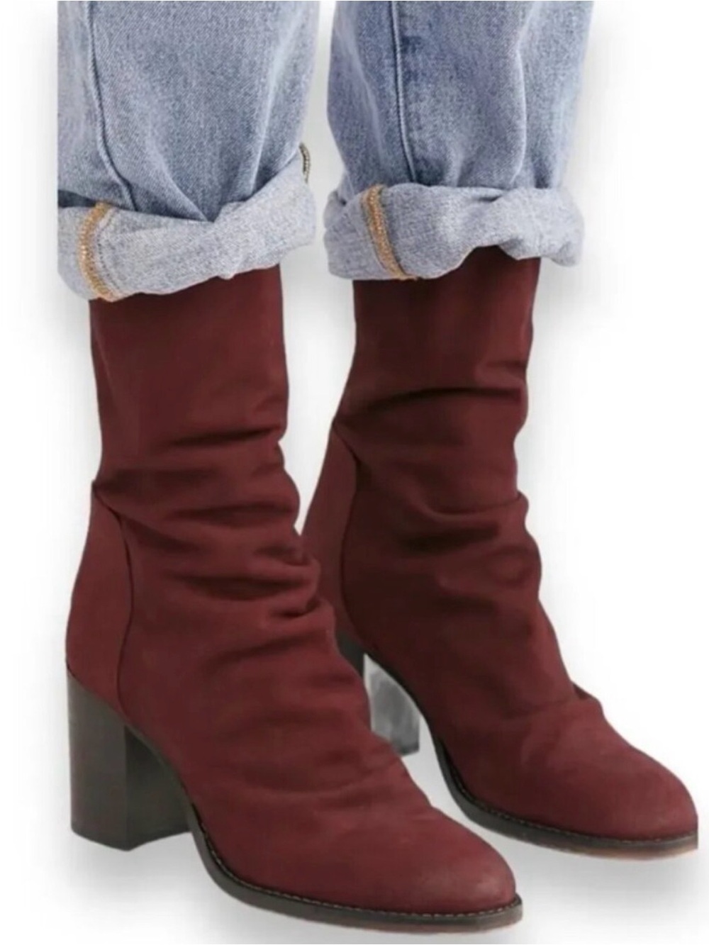 FREE PEOPLE Elle Block Heel Boots Burgundy Mid-Calf Slouch Shoes Leather 41 10